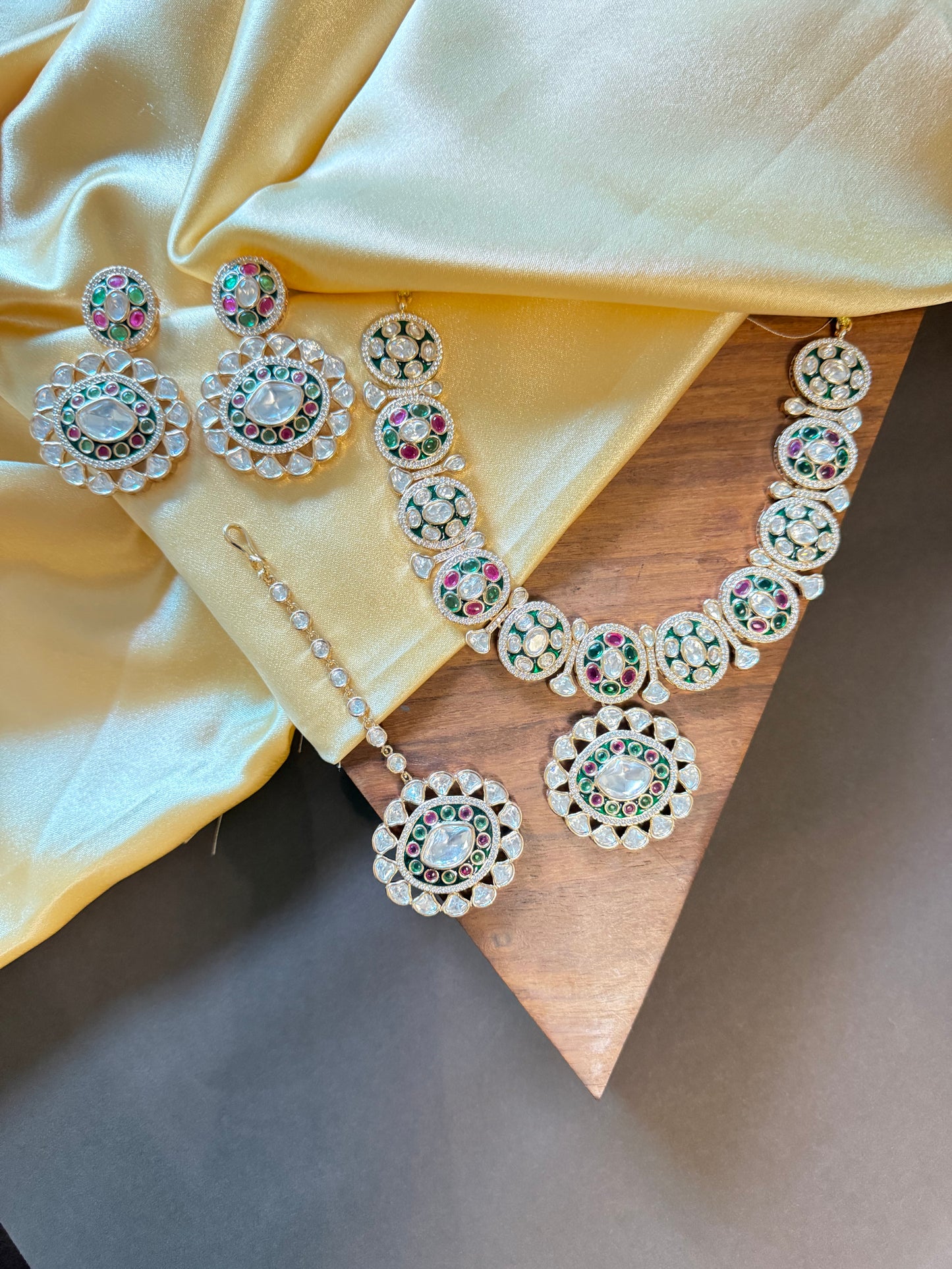 royal kundan polki necklace set with earrings & maang tikka – green & ruby stone bridal set