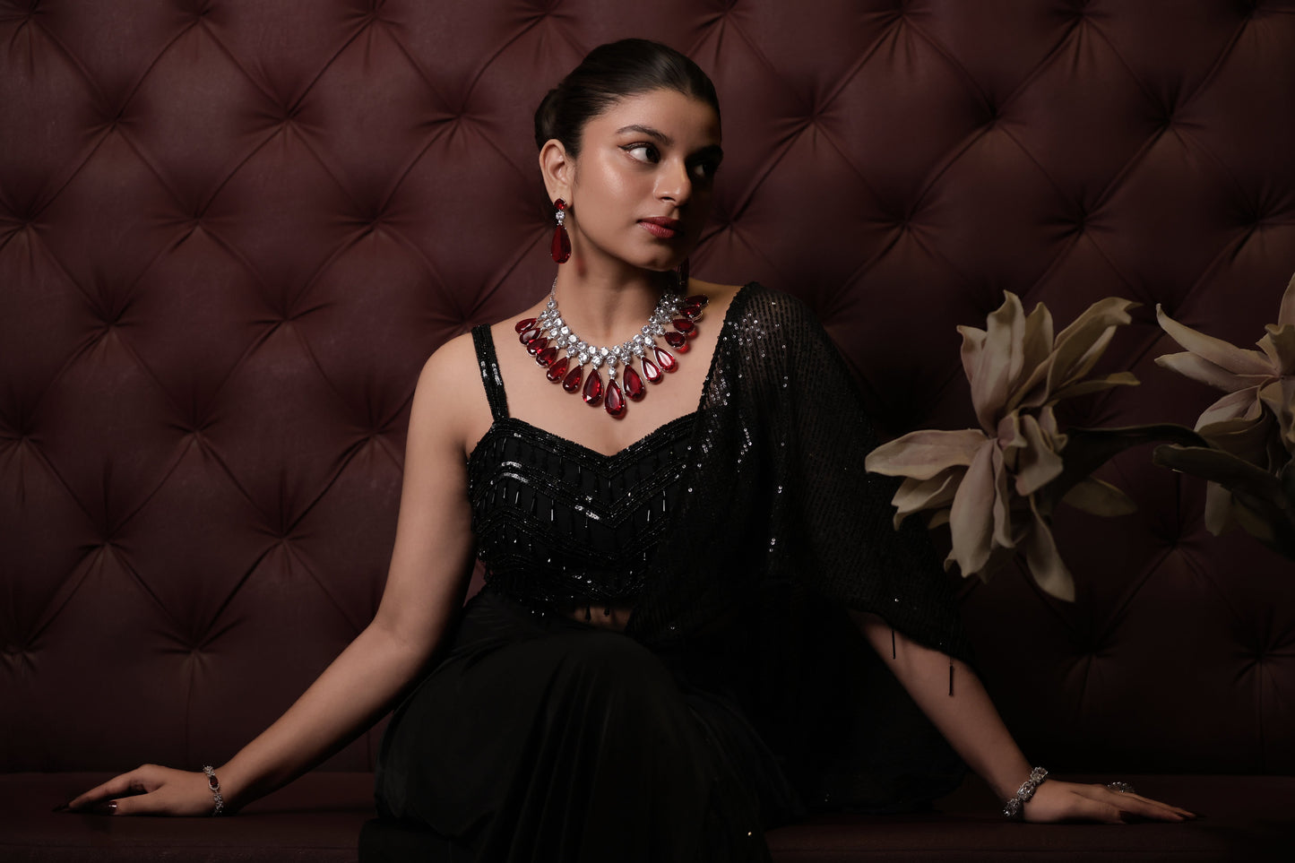 sparkling ruby statement tear drop with diamond cluster necklace set