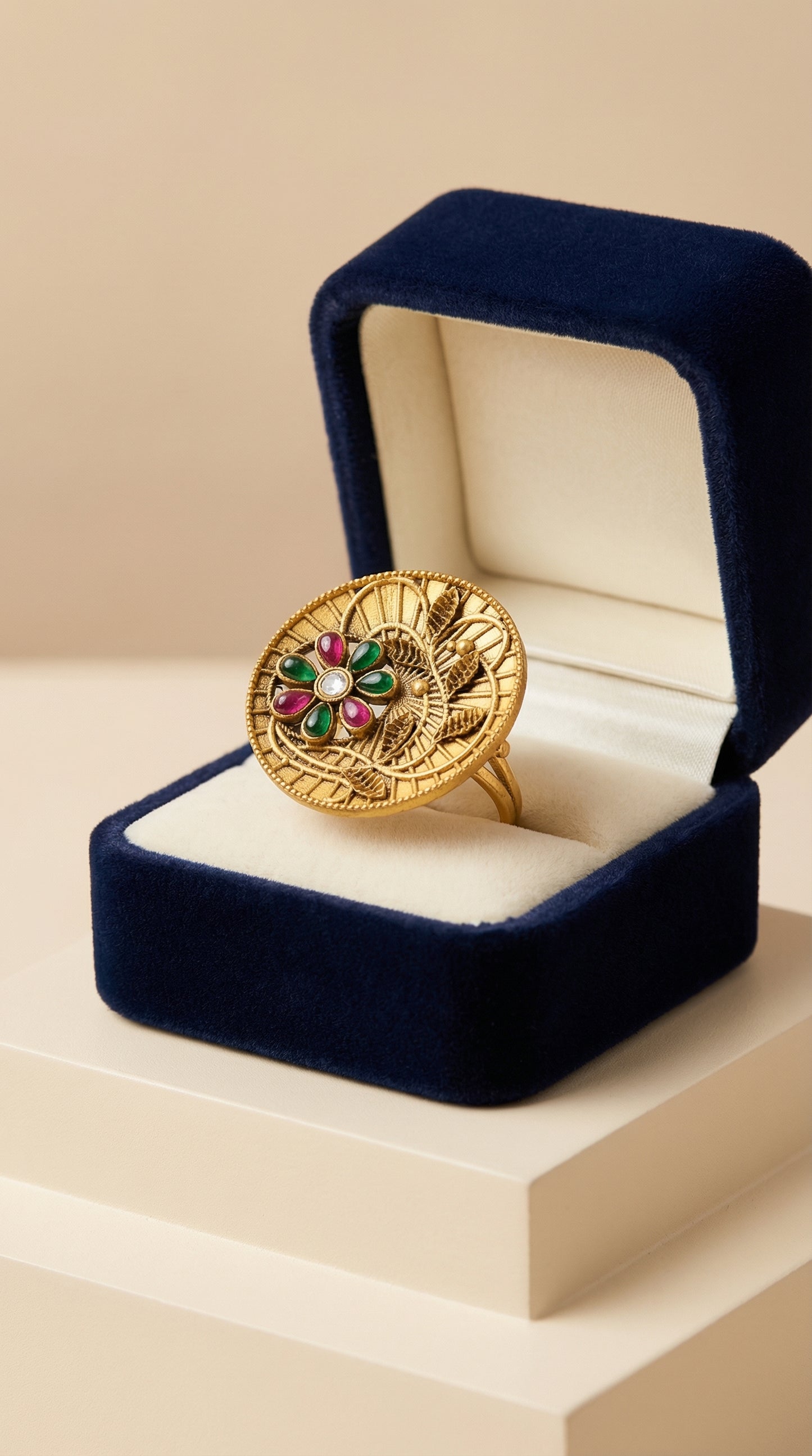 vrinda floral filigree navratna statement ring