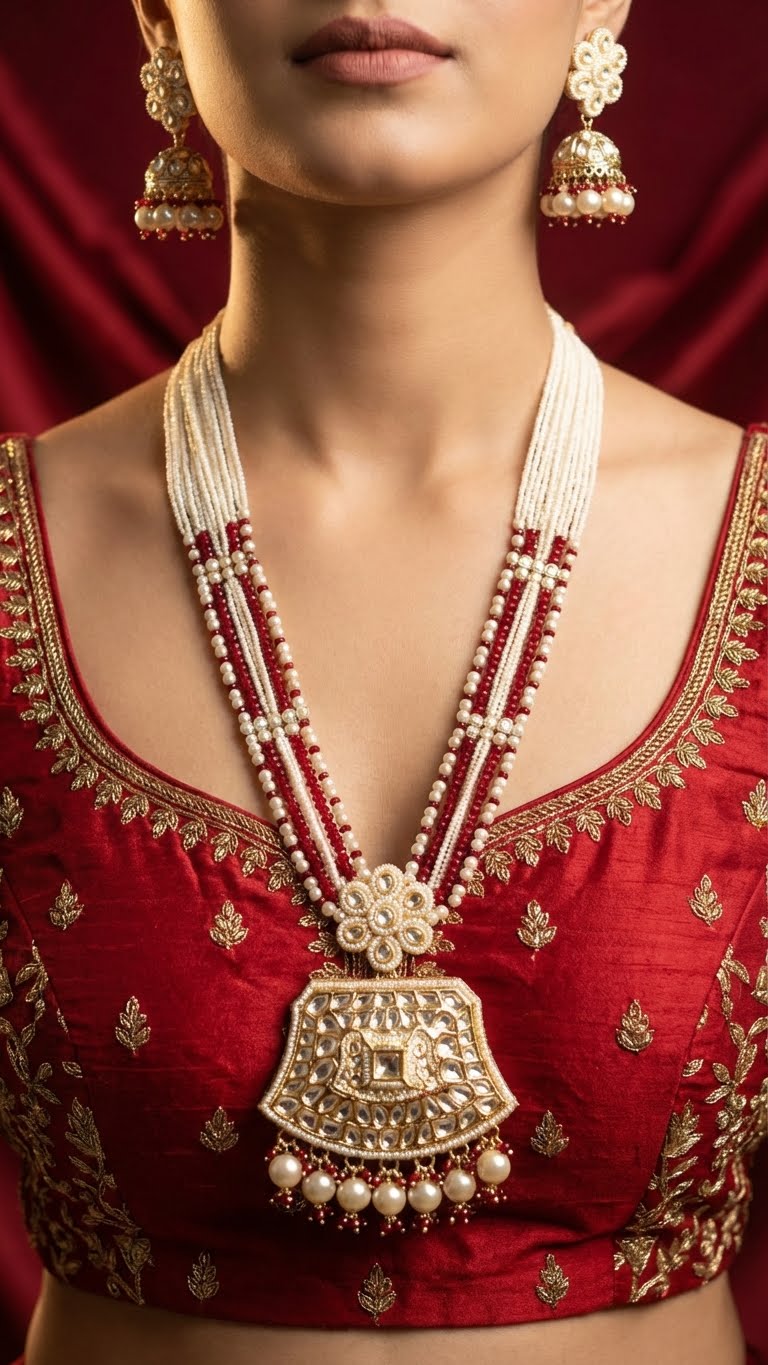 raani pearl kundan long necklace set