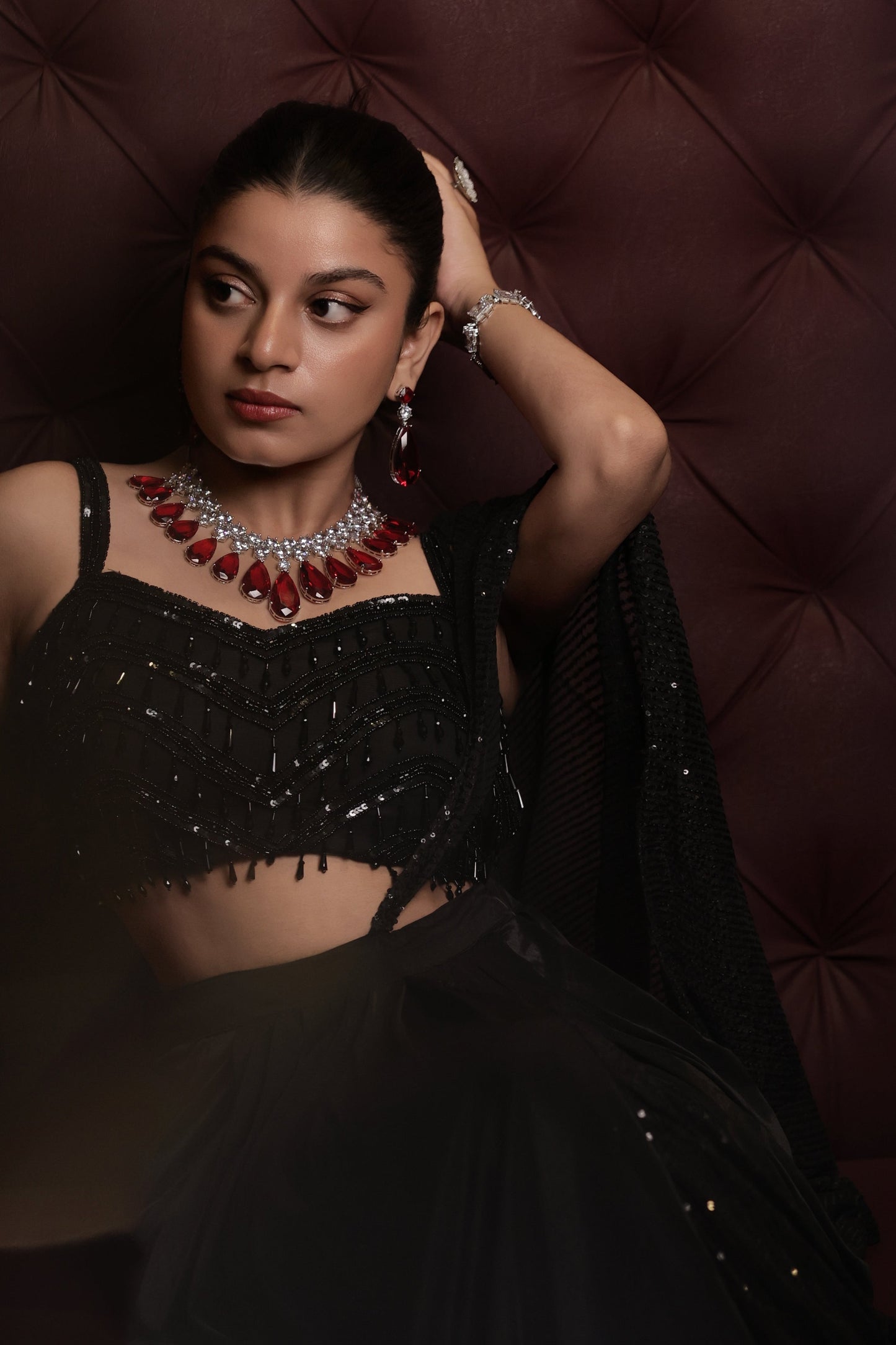 sparkling ruby statement tear drop with diamond cluster necklace set