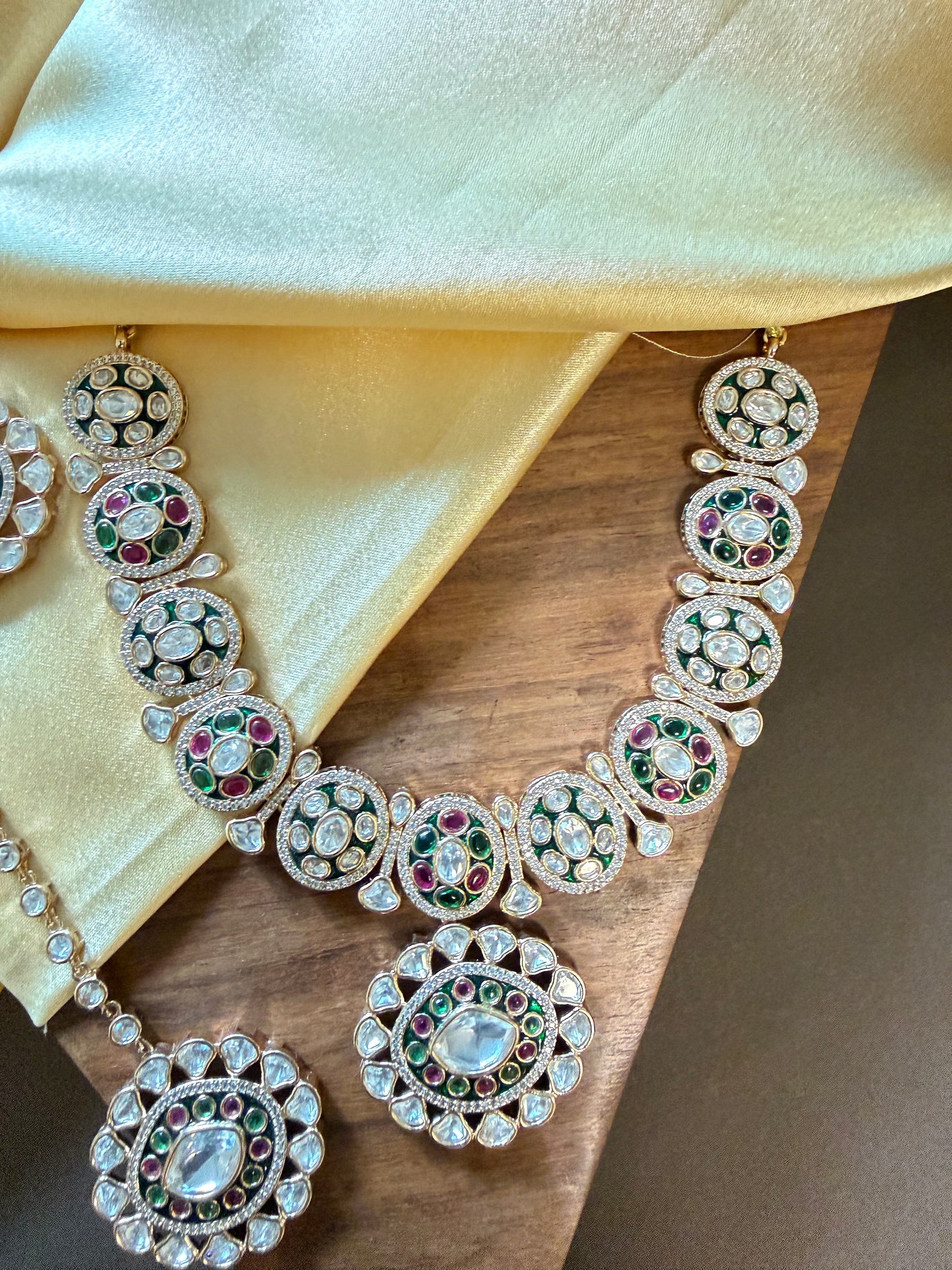 royal kundan polki necklace set with earrings & maang tikka – green & ruby stone bridal set