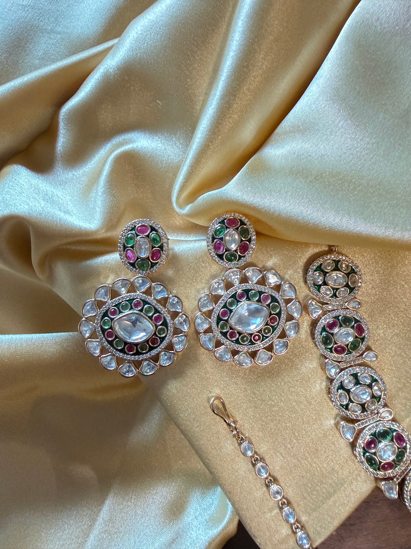 royal kundan polki necklace set with earrings & maang tikka – green & ruby stone bridal set