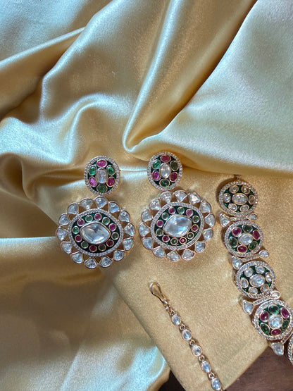 Royal Kundan Polki Necklace Set with Earrings & Maang Tikka – Green & Ruby Stone Bridal set