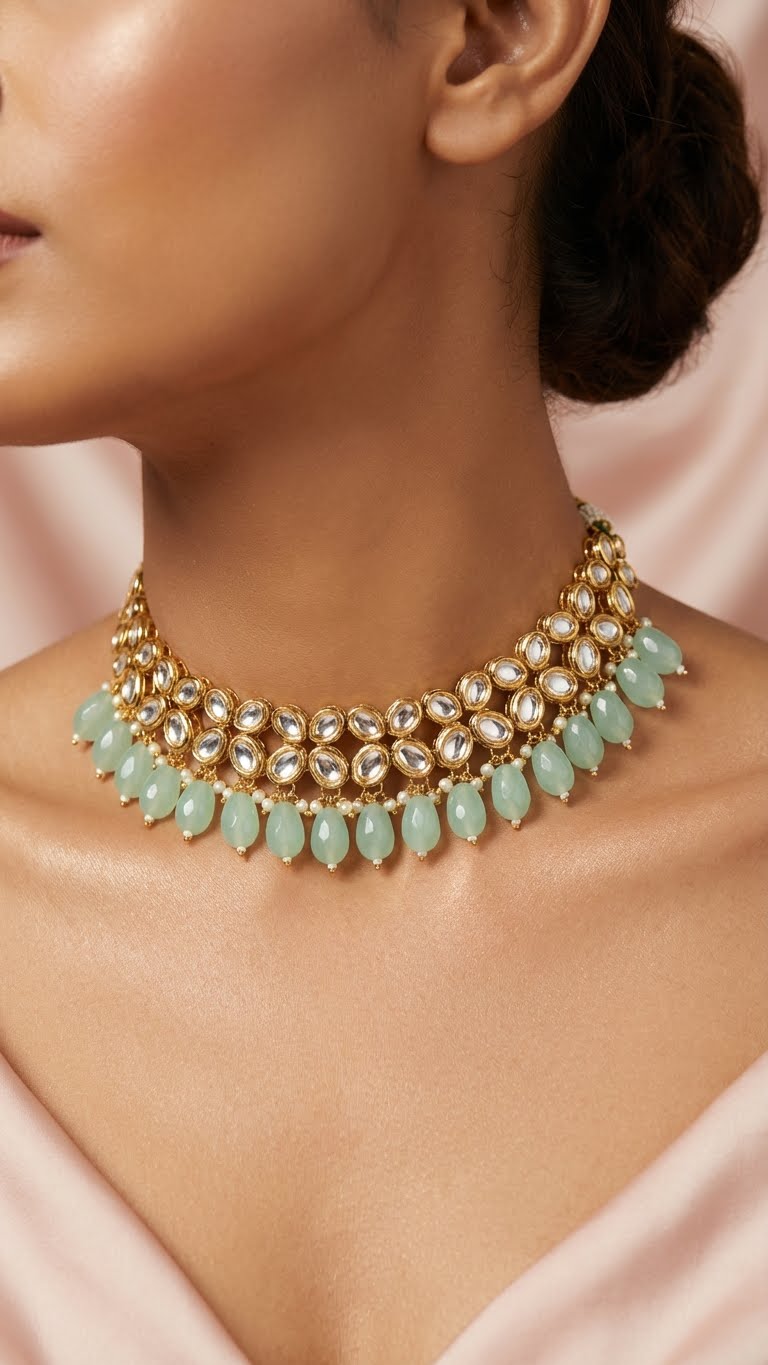 mint pearl kundan choker set