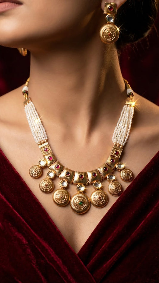 RAJWADA PEARL ANTIQUE NECKLACE SET