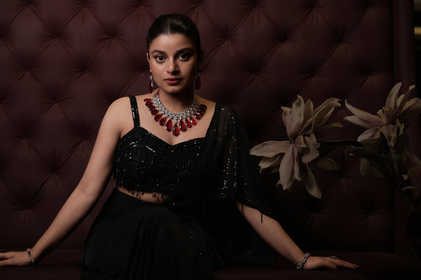 sparkling ruby statement tear drop with diamond cluster necklace set