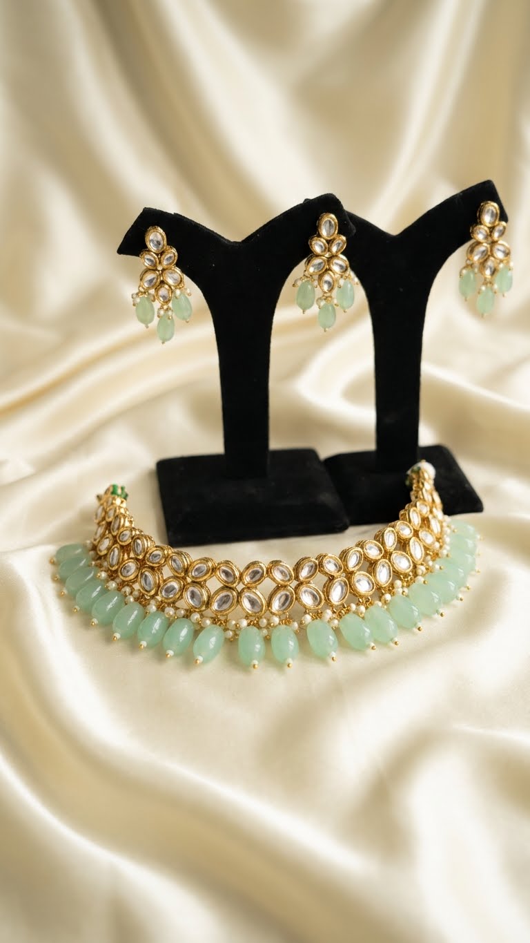 mint pearl kundan choker set