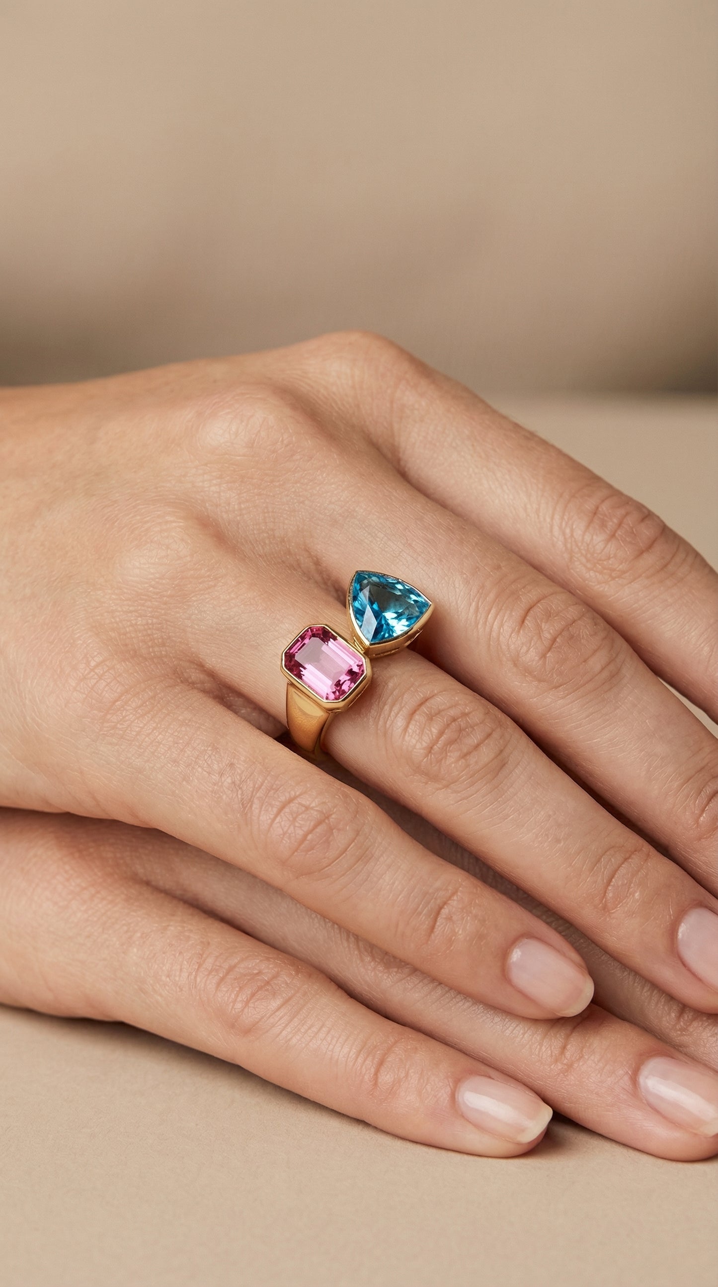 luxury gold plated dual gemstone statement ring