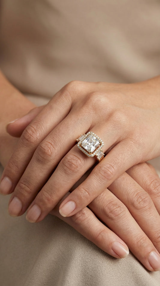Royal Emerald-Cut Halo Gold Ring with Baguette Accents