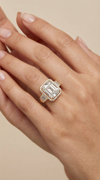 Royal Emerald-Cut Halo Gold Ring with Baguette Accents