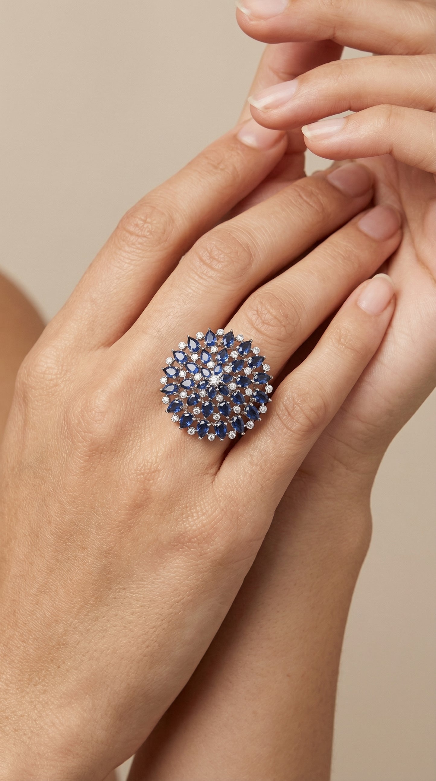 midnight bloom blue sapphire floral statement ring