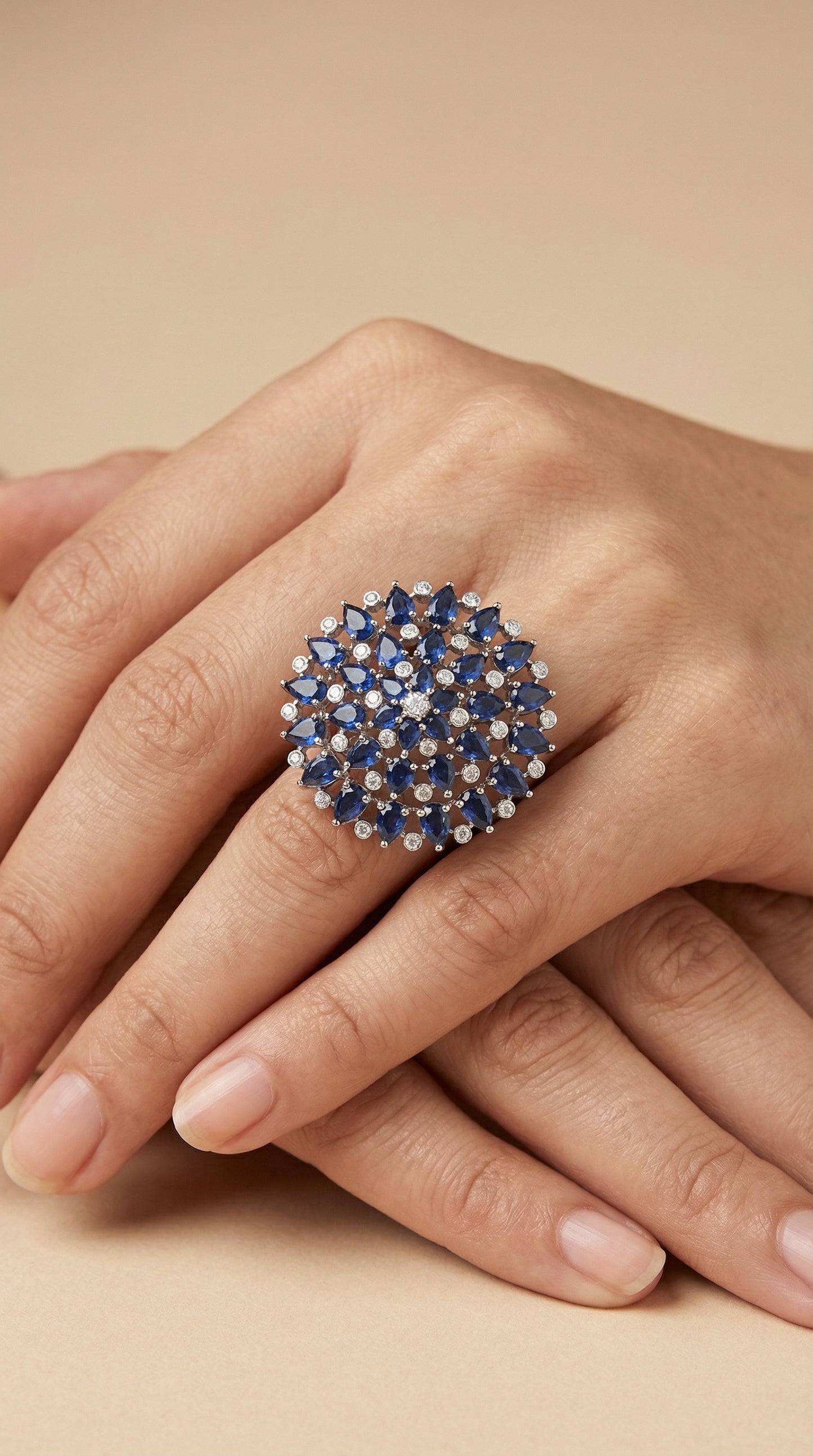 midnight bloom blue sapphire floral statement ring
