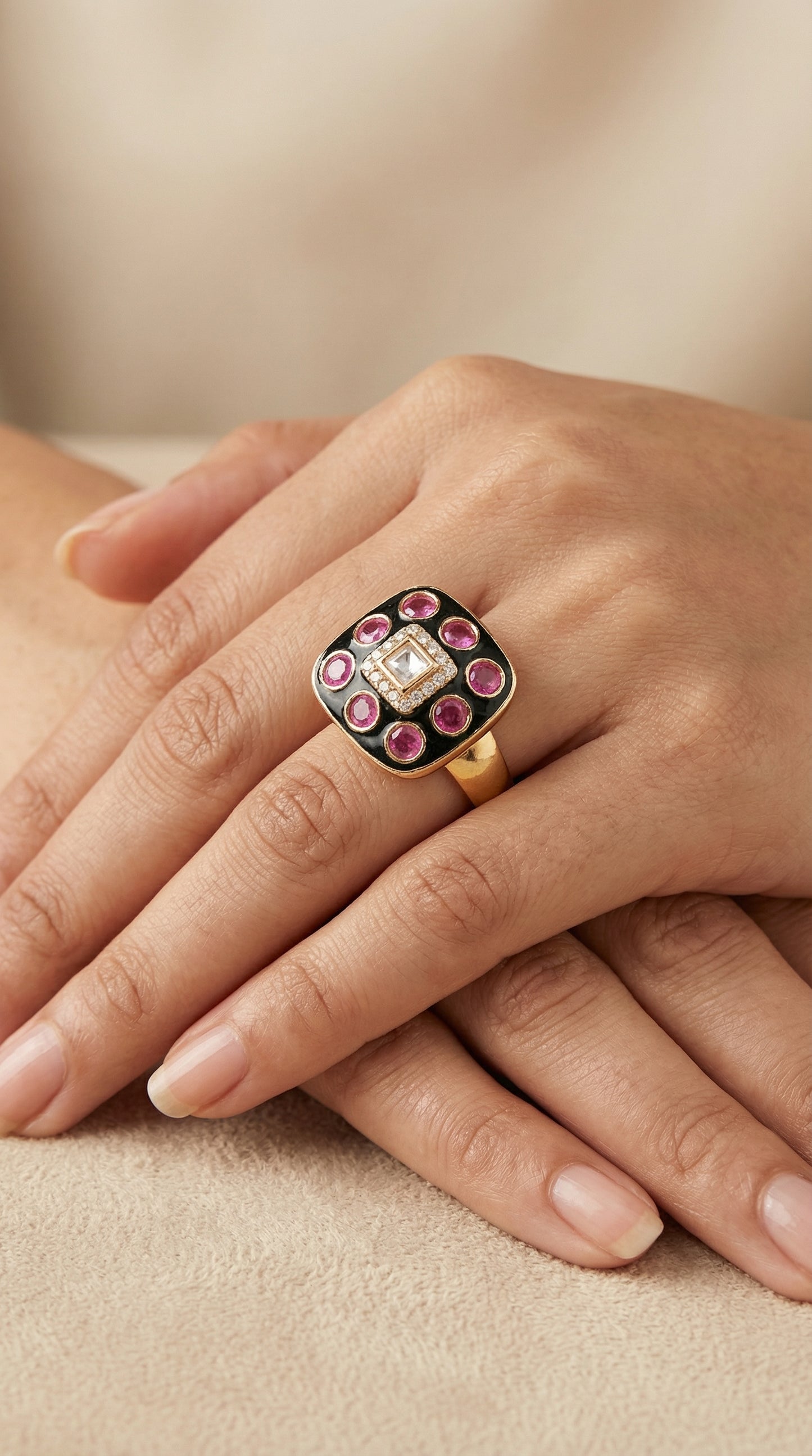 royal kundan ruby bloom gold plated statement ring for women