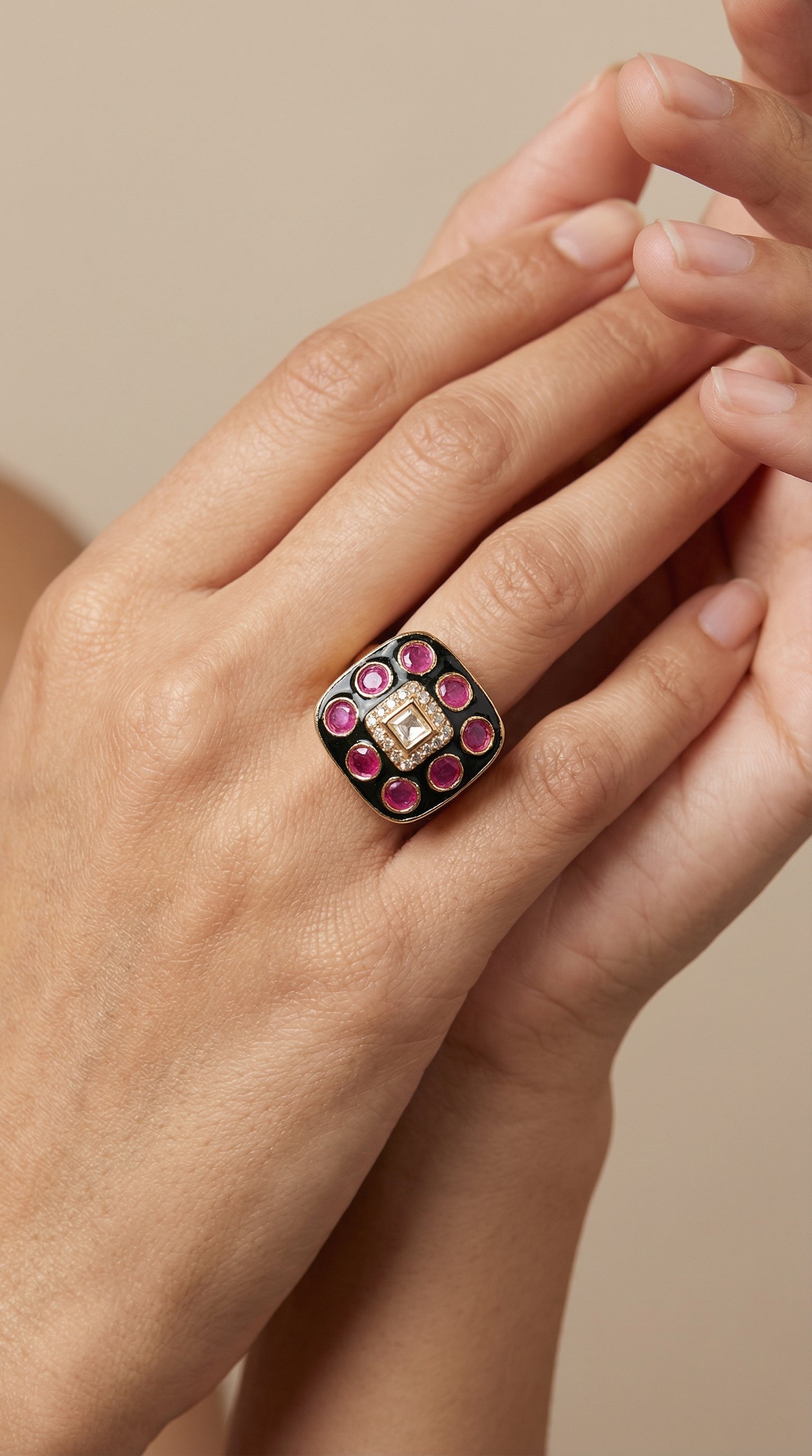 royal kundan ruby bloom gold plated statement ring for women