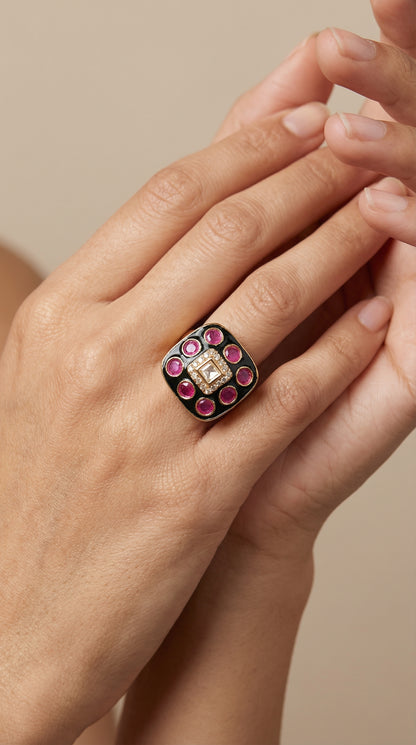 Royal Kundan Ruby Bloom Gold Plated Statement Ring for Women