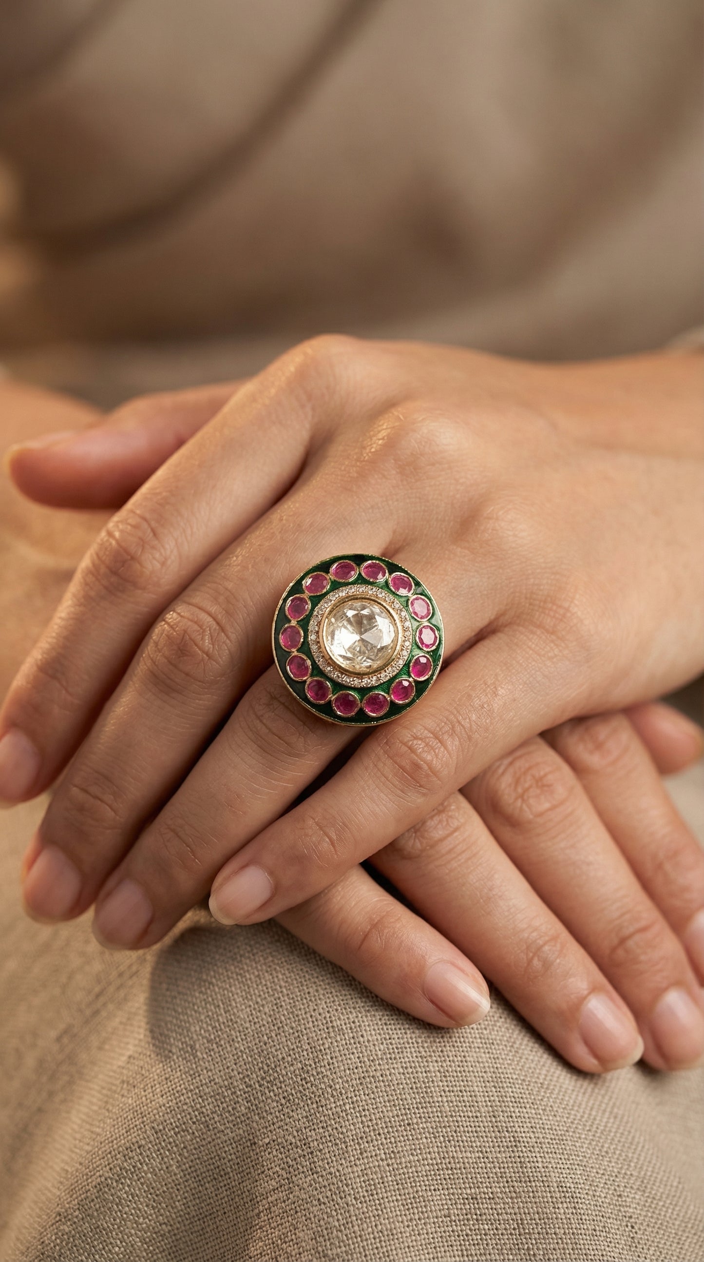 heritage emerald & ruby meenakari ring