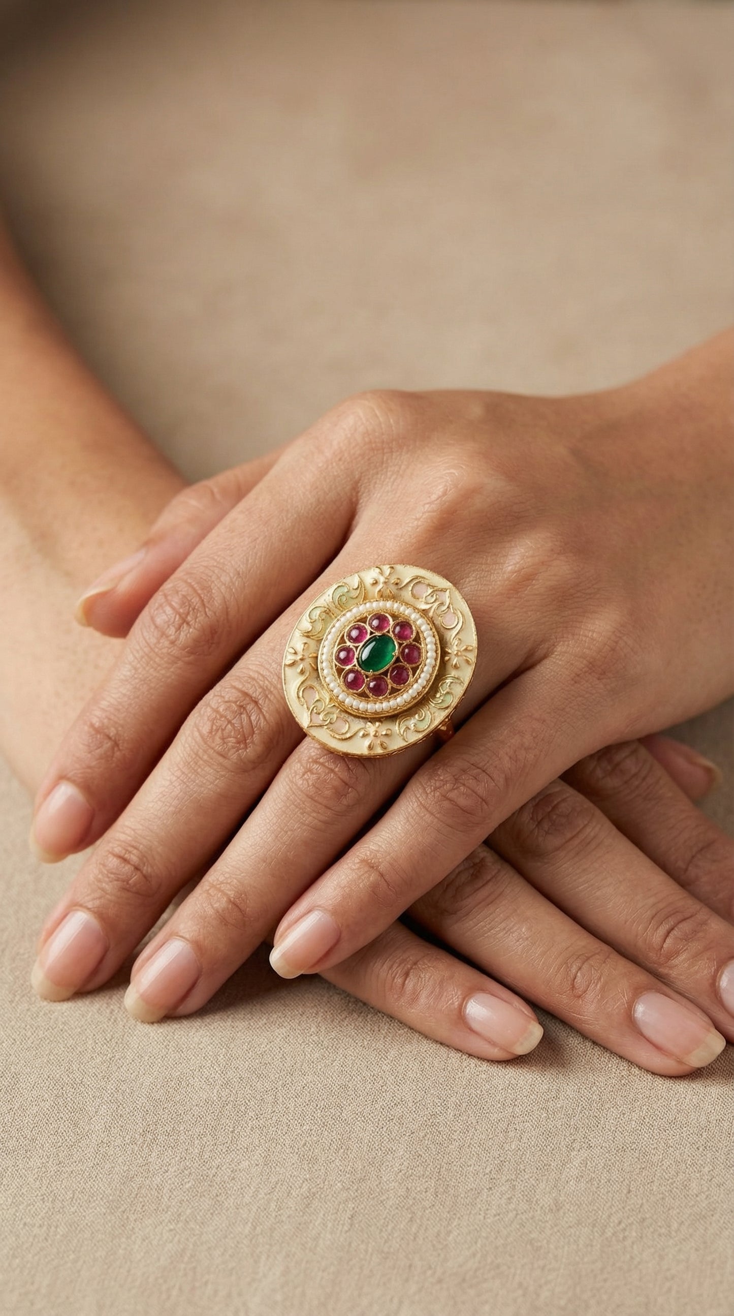 heritage emerald & pearl meenakari bloom ring