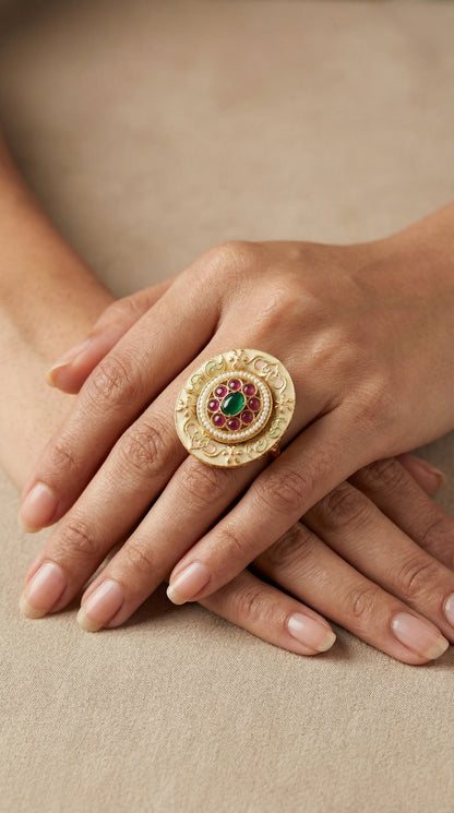 Heritage Emerald & Pearl Meenakari Bloom Ring