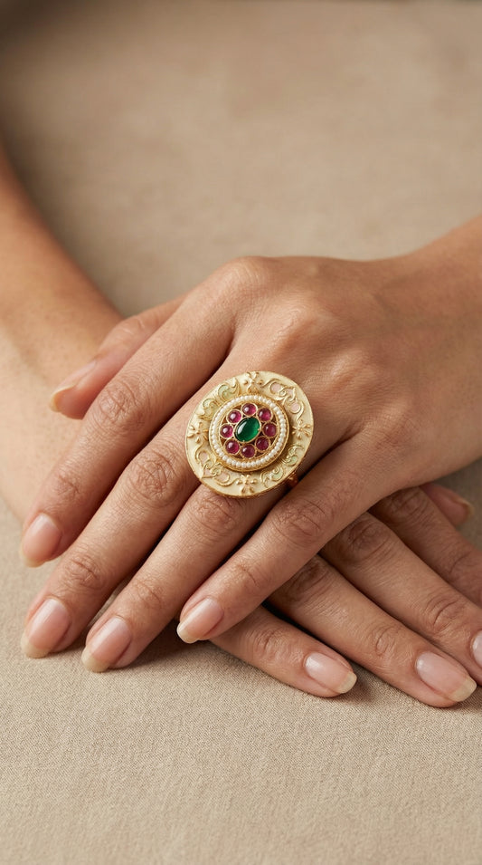 Heritage Emerald & Pearl Meenakari Bloom Ring