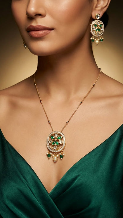 EMERALD FLORAL KUNDAN PENDANT NECKLACE SET