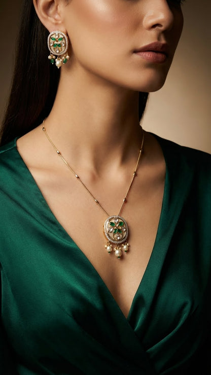 EMERALD FLORAL KUNDAN PENDANT NECKLACE SET