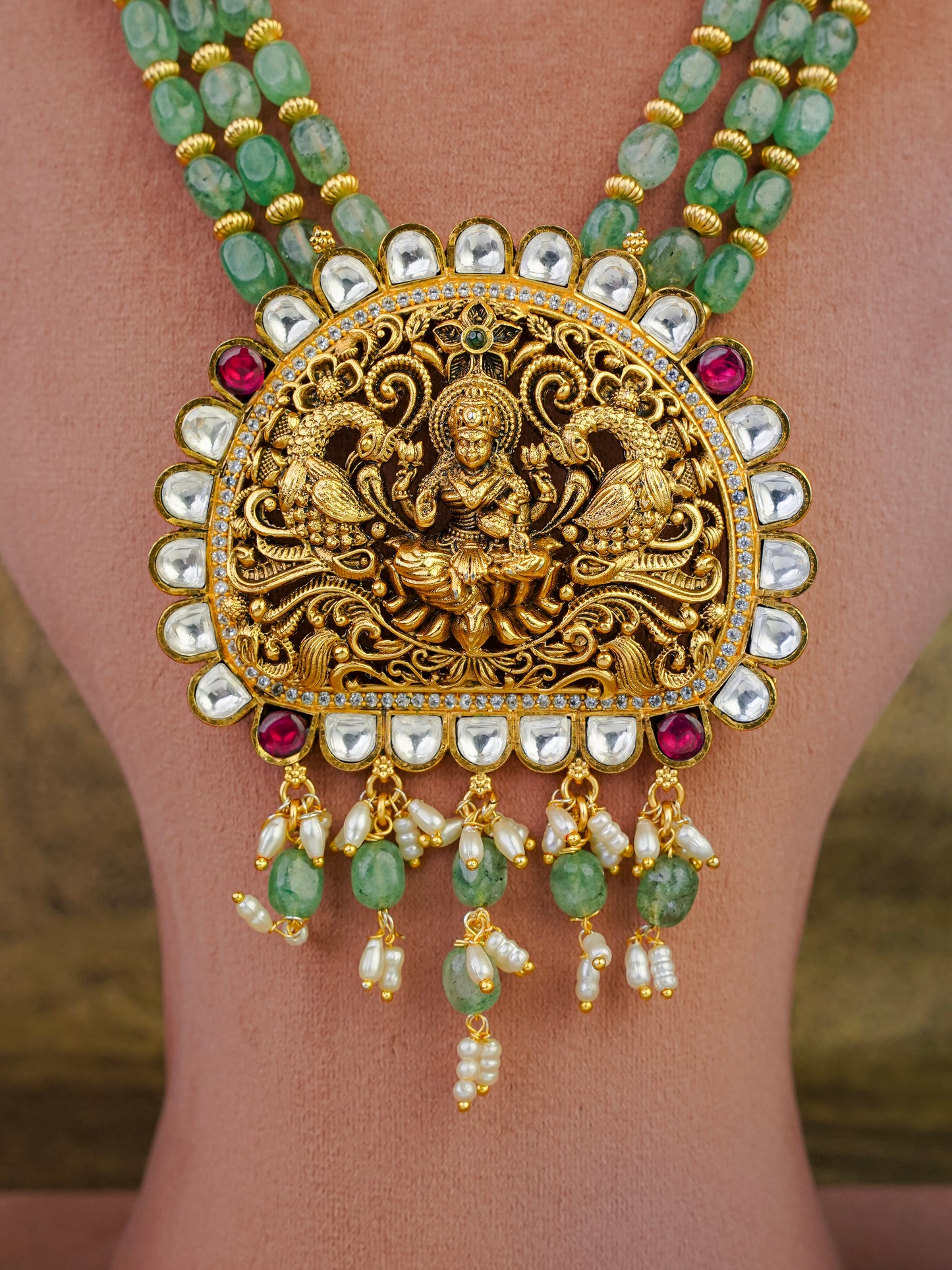 devi gajalakshmi emerald-bead temple set
