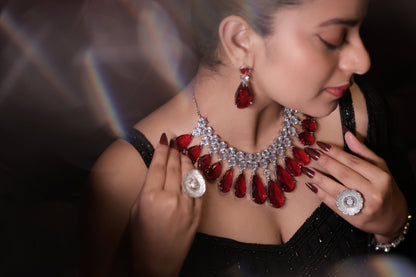 Sparkling Ruby Statement Tear Drop with Diamond Cluster Necklace Set