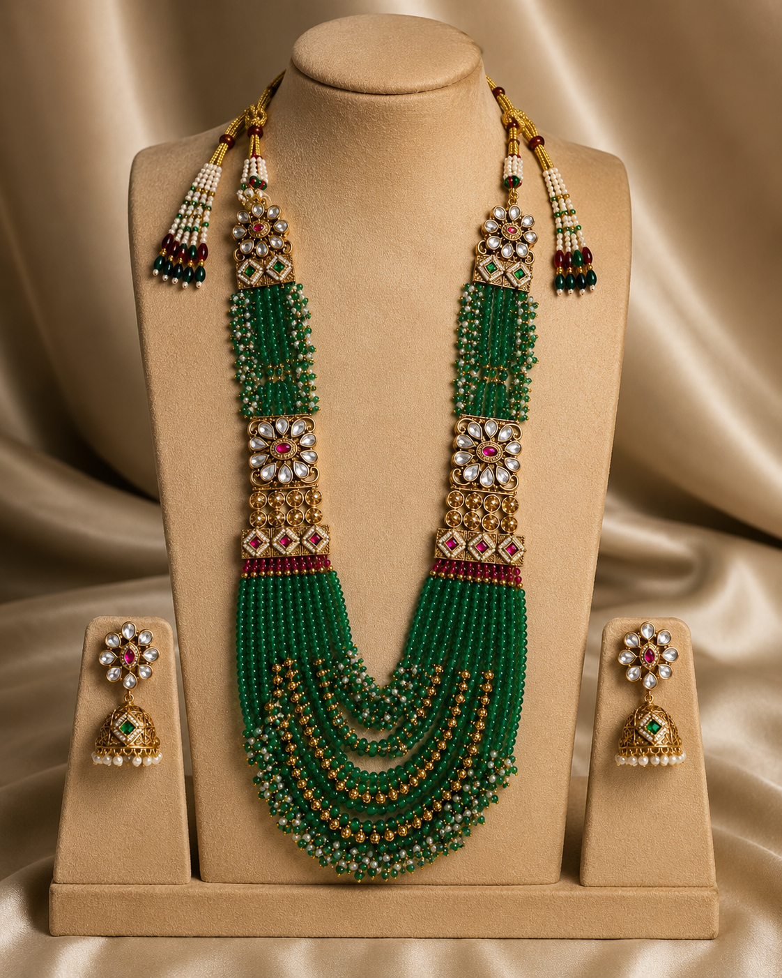 emerald jadau kundan layered necklace set
