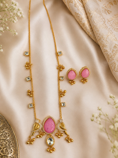 Pink Stone Kashmiri Bird Necklace Set