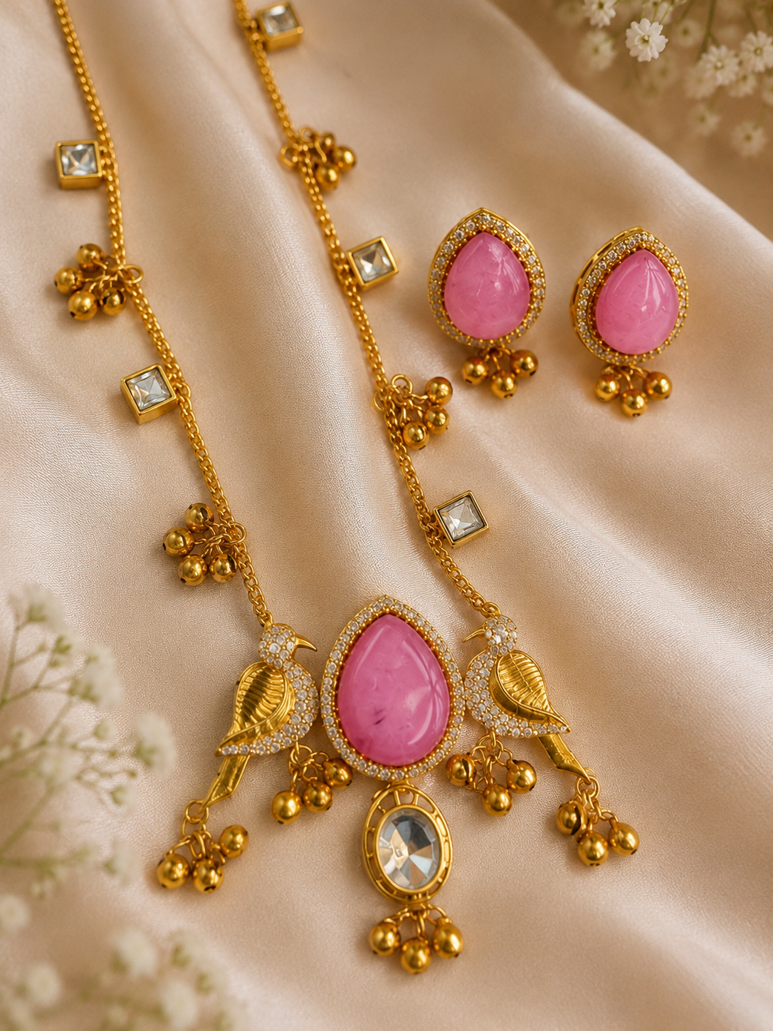pink stone kashmiri bird necklace set