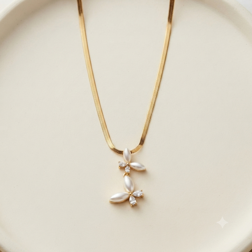 elegant pearl floral snake chain necklace