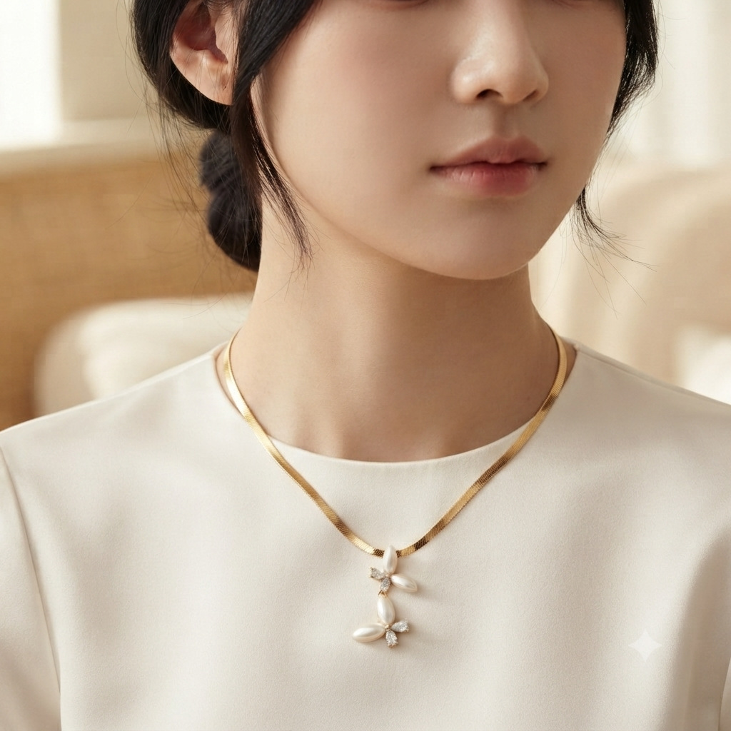 elegant pearl floral snake chain necklace