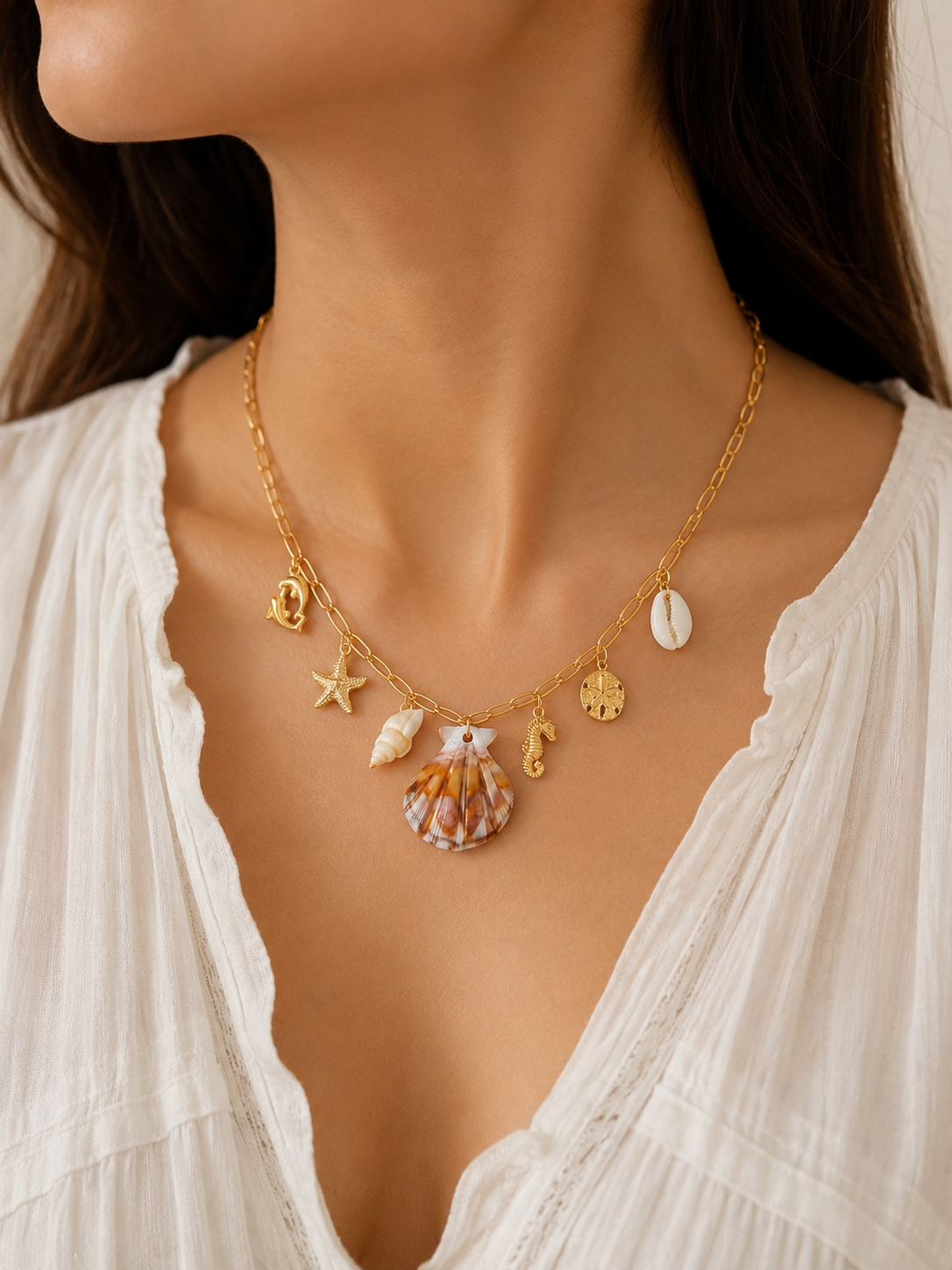 golden ocean charm shell pendant necklace