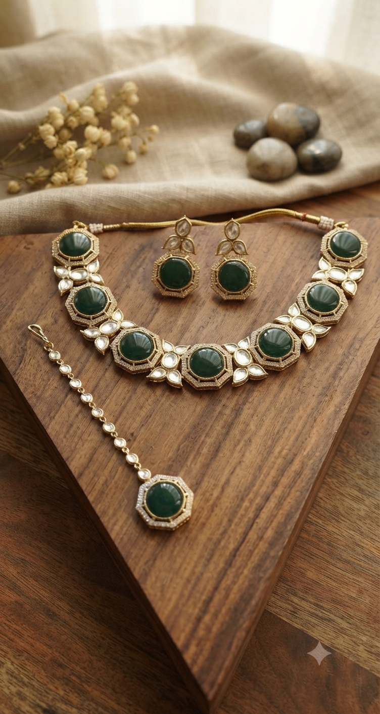 regal octagonal green stone designer necklace