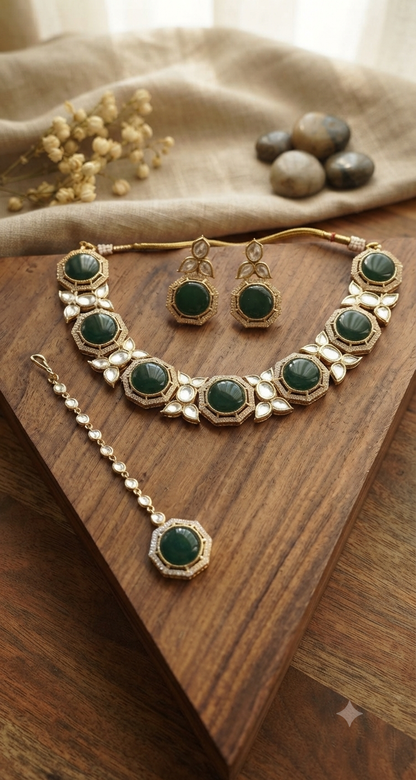 Regal Octagonal Green Stone Designer Necklace