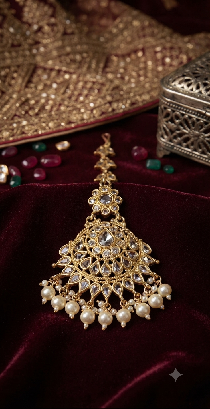 traditional gold-finished kundan maang tikka with pearl drops