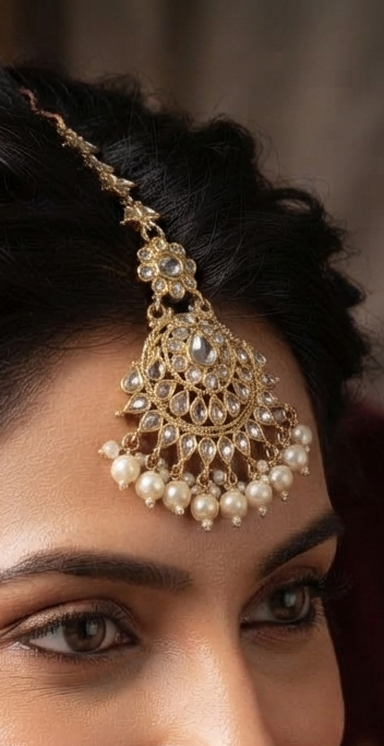 traditional gold-finished kundan maang tikka with pearl drops