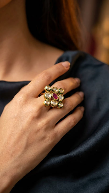 Kundan Navratna Floral Statement Ring