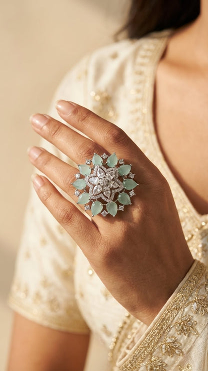 Mint Green Floral Statement Ring