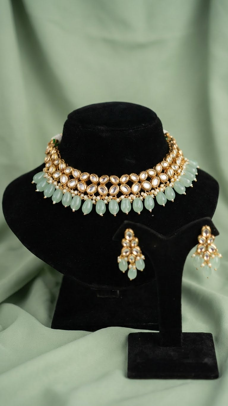 mint pearl kundan choker set