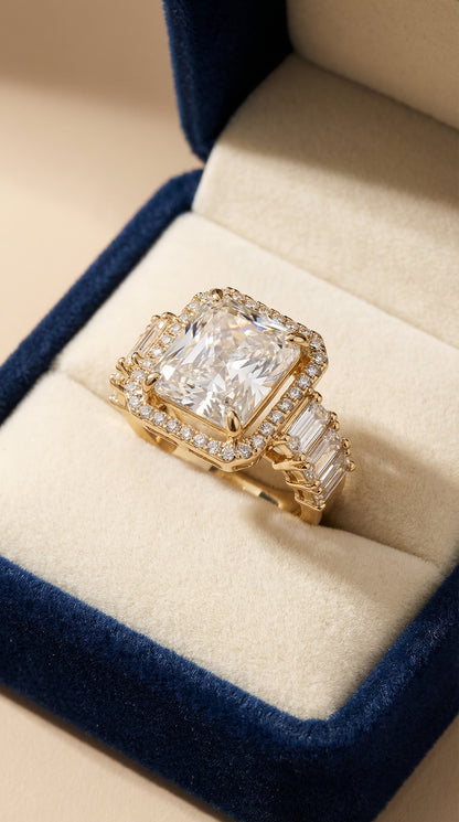 Royal Emerald-Cut Halo Gold Ring with Baguette Accents