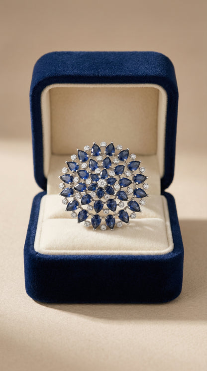 Midnight Bloom Blue Sapphire Floral Statement Ring