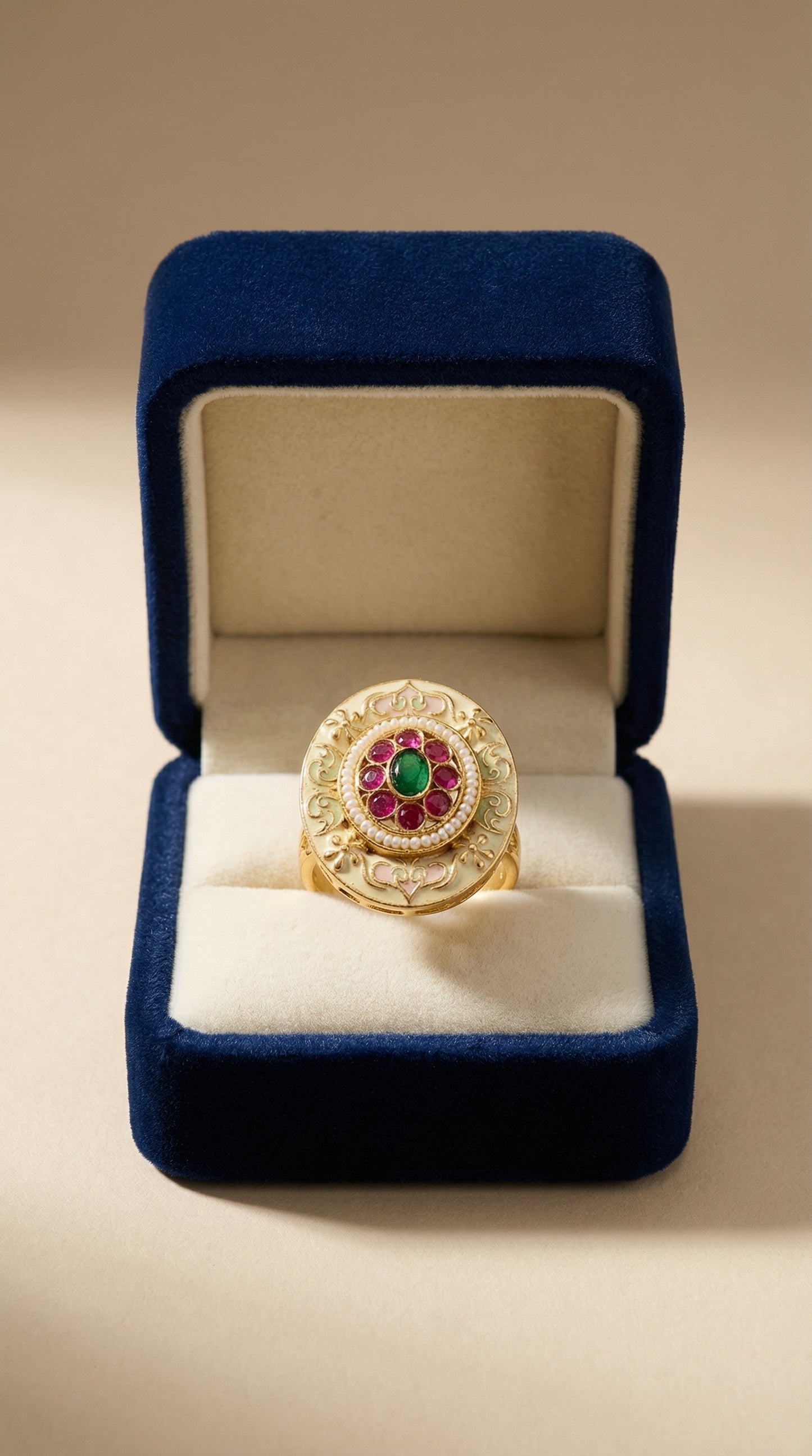 heritage emerald & pearl meenakari bloom ring