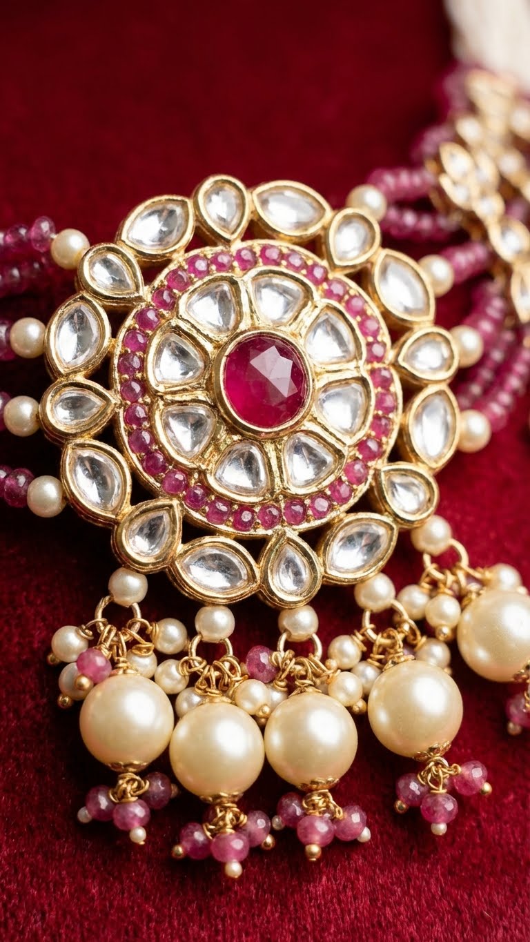 rosé pearl kundan choker set