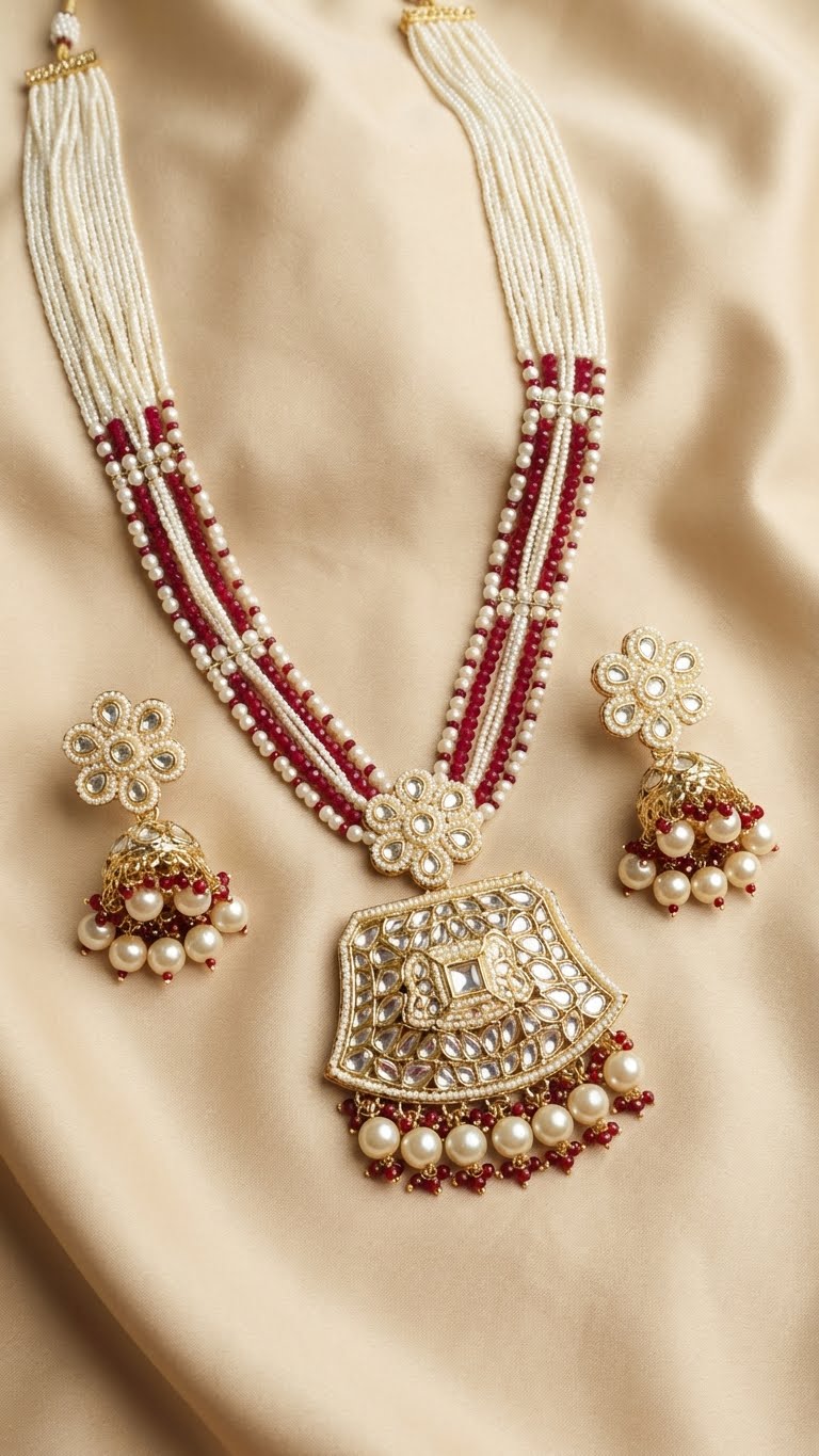 raani pearl kundan long necklace set