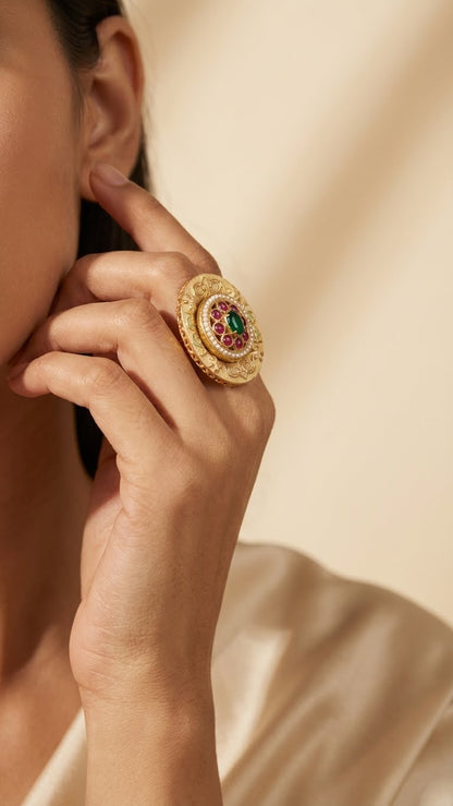 Heritage Emerald & Pearl Meenakari Bloom Ring