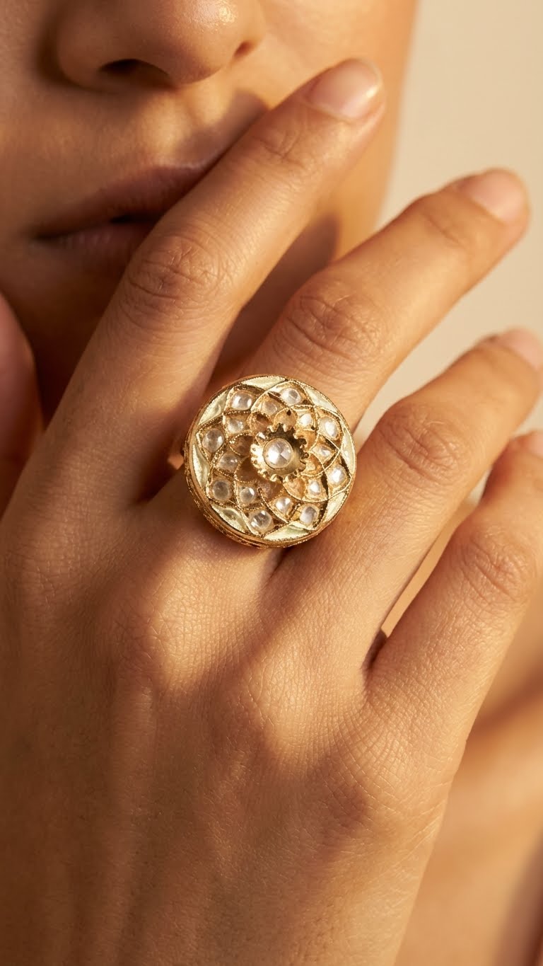 heritage red enamel kundan statement ring