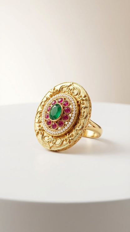 Heritage Emerald & Pearl Meenakari Bloom Ring