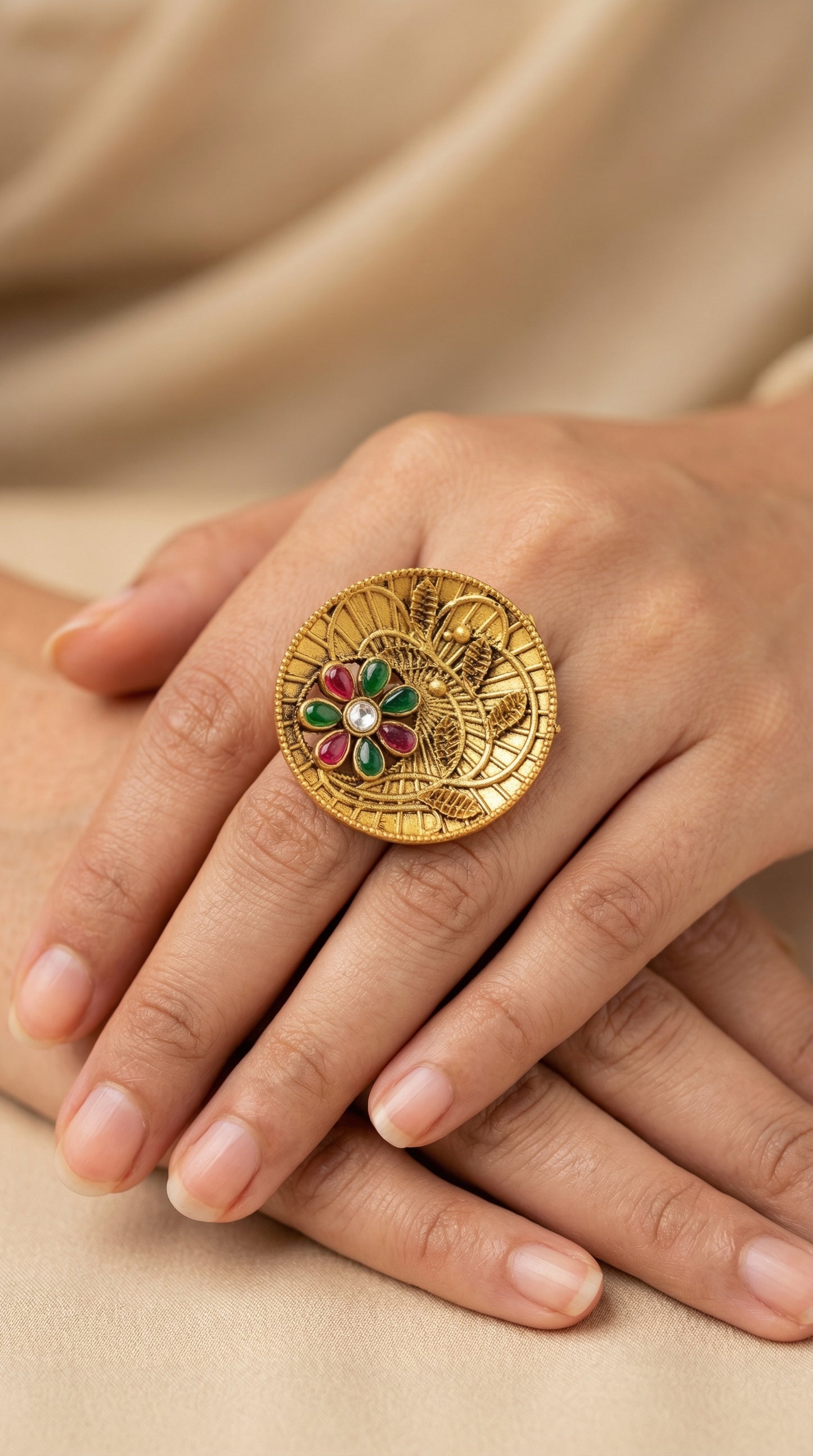 vrinda floral filigree navratna statement ring
